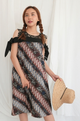 Sabrina Dress Hamil Batik Menyusui Brokat Pita - BTK 151 Biru